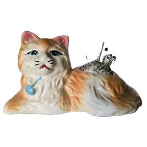 Vintage Cat Kitty Pin Cushion Holder Figurine Ceramic Painted 6" Bow Tan Blue